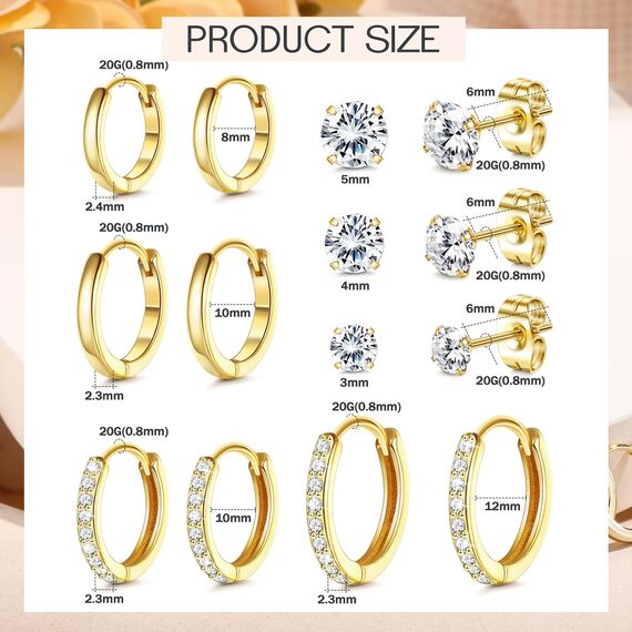 Ohrringe Gold, 316L Chirurgenstahl Steckerstift Ohrstecker & Creolen Gold Set | 18K Vergoldetes Hypoallergene Cubic Zirkonia Ohrstecker & Knorpel Ohrring Huggie Creolen Klein für Damen, 7 Paar