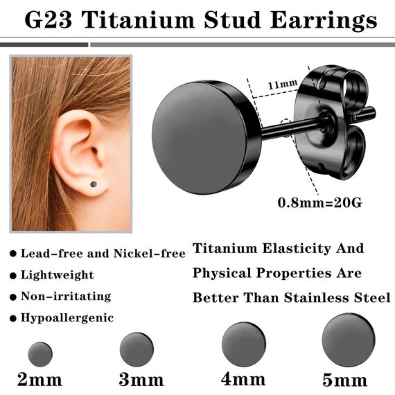 YADOCA 4 Paare G23 Titanium Ohrstecker Hypoallergen für Damen Herren Mädchen Schwarz Ohrstecker Runde Scheibe Ohrringe für Empfindliche Ohren 2/3/4/5mm