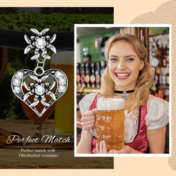 Herdear Bierfest Damen Trachtenkette Herz Edelweiß Halskette Elegantes Kropfband mit Strasssteinen Herz und Edelweiß Anhänger(Schwarz)