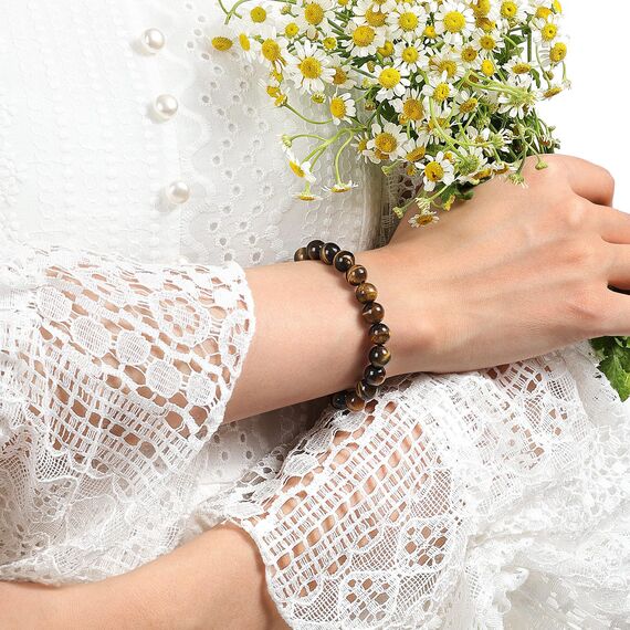 Landorilo Echte Naturstein Perlen Armband, Damen Herren Gelbes Tigerauge Perlenarmband, 8MM Runde Edelsteine Yoga Chakren Armbänder, Geburtstag Valentinstag Geschenke