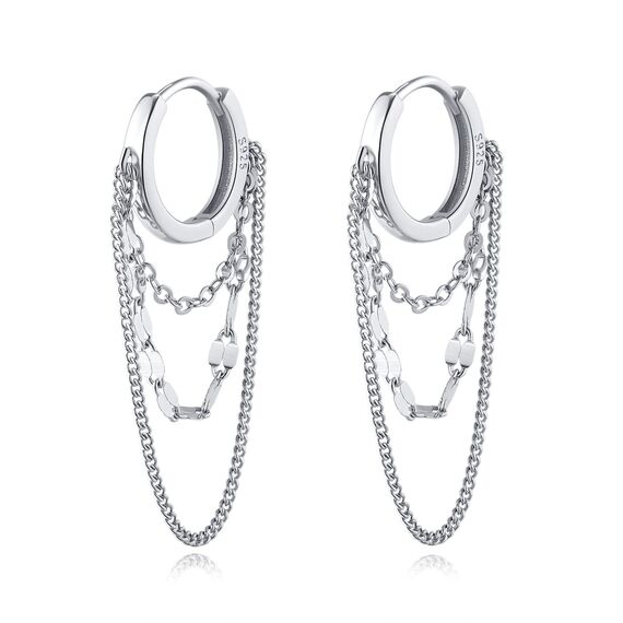 Reffeer Solide 925 Sterling Silber Kette Tropfen Ohrringe Creolen für Frauen Teen Creolen Quaste Kette Huggie Baumeln Ohrringe (A-Silver)