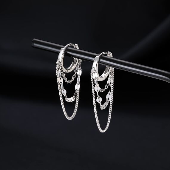 Reffeer Solide 925 Sterling Silber Kette Tropfen Ohrringe Creolen für Frauen Teen Creolen Quaste Kette Huggie Baumeln Ohrringe (A-Silver)