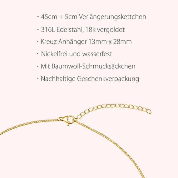 day.berlin Damen Kreuzkette Vice 18k vergoldet, 45+5cm variable Länge, Halskette mit Kreuz Anhänger (13x28mm) stabile Panzer Kette aus 316L Edelstahl, nickelfrei und wasserfest