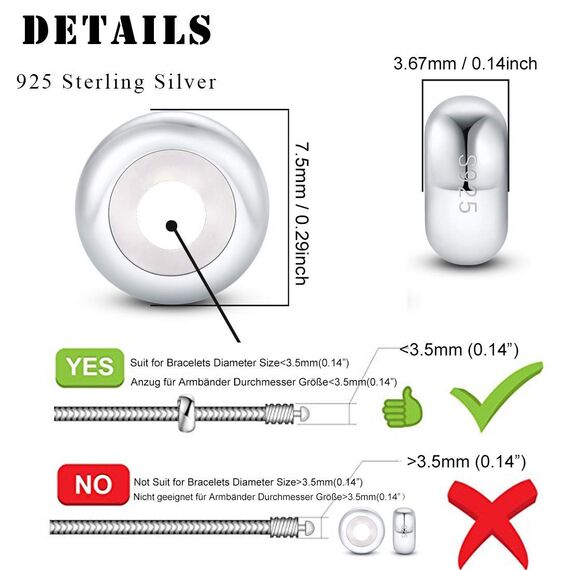 2 PCS Sterling Silber Gummi Spacer Charms Stopper für Pandora Armbänder “MEHRWEG”