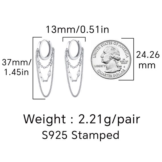 Reffeer Solide 925 Sterling Silber Kette Tropfen Ohrringe Creolen für Frauen Teen Creolen Quaste Kette Huggie Baumeln Ohrringe (A-Silver)
