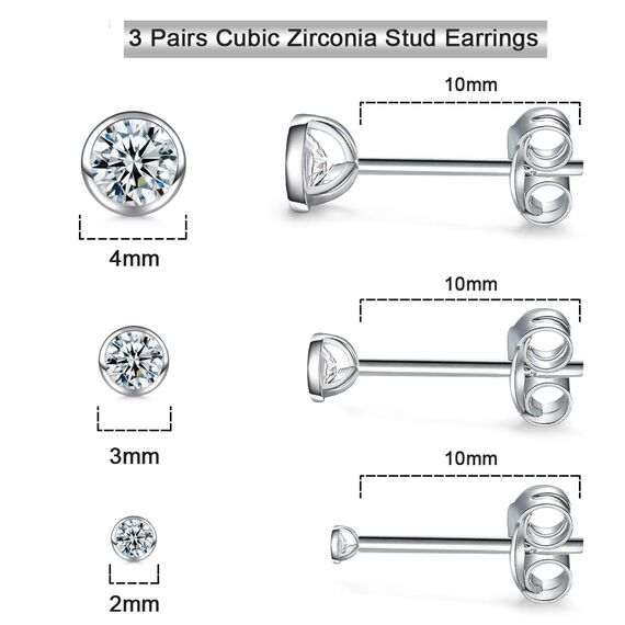 Damen Ohrstecker Silber 925-3 Paar Klein Sterling Ohrringe Set mit Zirkonia Knorpel Funkelnd Unendlichkeit Schmuck für Oktoberfest Herren Geschenke 2/3/4mm