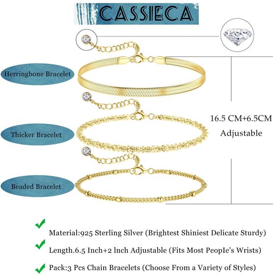 CASSIECA 3 Stück Armband Silber Damen Armbänder Gold Armband Set Gold 14 Karat Vergoldet Armbänder Damen Verstellbare Stapelbare Kettenarmband Gold Schmuck für Damen