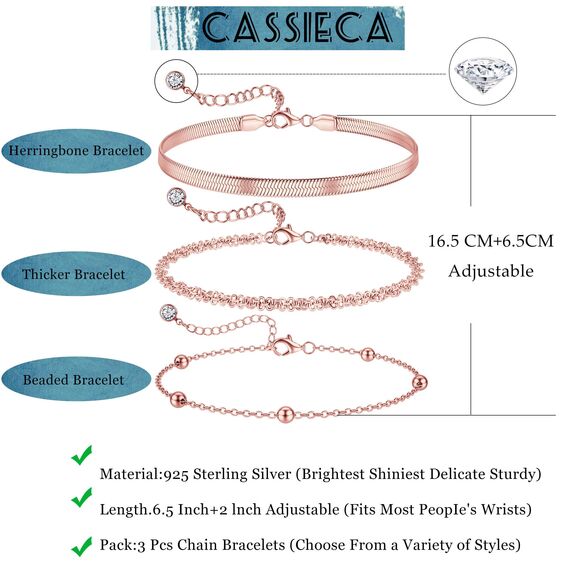 CASSIECA 3 Stück Armband Silber Damen Armbänder Roségold Armband Set Gold 14 Karat Rosévergoldet Armbänder Damen Verstellbare Stapelbare Kettenarmband Roségold Schmuck für Damen