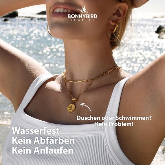 BONNYBIRD® Kompass Kette Damen Gold Edelstahl Halskette mit Anhänger Wasserfest Knebelverschluss Goldkette Schmuck Frauen Coin Panzerkette Vergoldet Goldschmuck Layering Sommer Accessoire