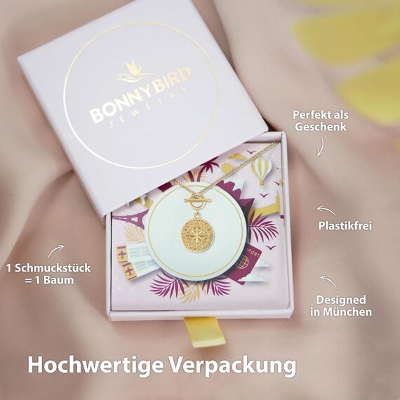 BONNYBIRD® Kompass Kette Damen Gold Edelstahl Halskette mit Anhänger Wasserfest Knebelverschluss Goldkette Schmuck Frauen Coin Panzerkette Vergoldet Goldschmuck Layering Sommer Accessoire