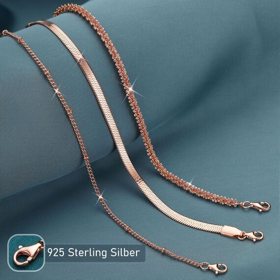 CASSIECA 3 Stück Armband Silber Damen Armbänder Roségold Armband Set Gold 14 Karat Rosévergoldet Armbänder Damen Verstellbare Stapelbare Kettenarmband Roségold Schmuck für Damen