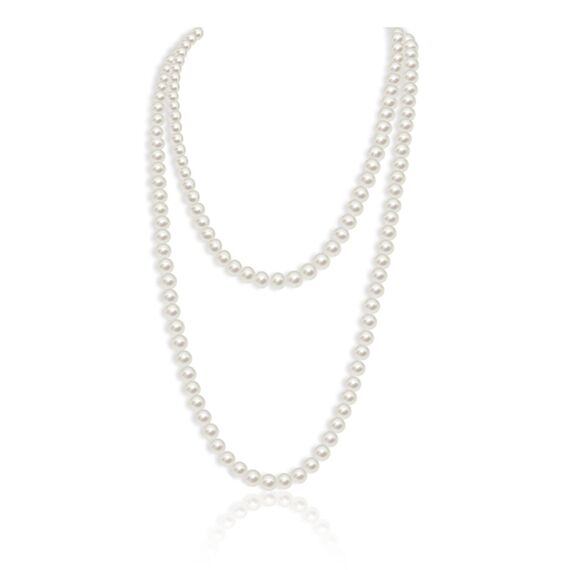 TSHAOUN Perlenkette weiß 150 cm 1920s Gatsby Kostüm Accessoires Lange Perle Halskette,Dame Weiße elegante künstliche Perlen-Halsketten -lange Strickjacke-Perlen-Ketten-Halskette (150 cm)