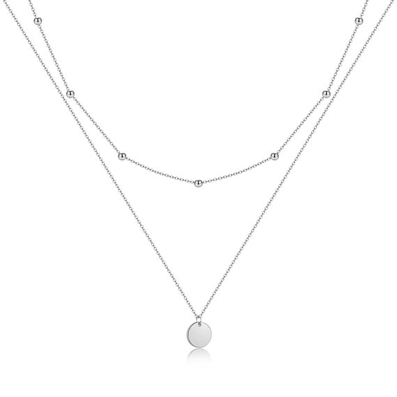 AFSTALR Damen Layered Kette Silber Plättchen Kette Doppel Multilayer Halskette mit Coin Runden Anhänger