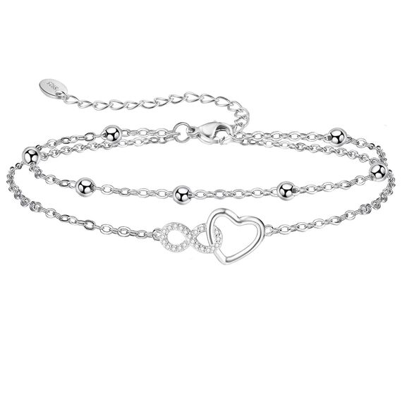 Jbniuay Fußkettchen für Damen 925 Sterling Silber - Infinity Herz Fußkette - Damen Fußkettchen - Fußkette Verstellbare 23+5cm - Geschenke für Frauen/Mädchen/mama/mutter (Silber)