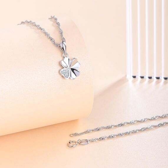 feilok Kette Damen Halskette mit Kleeblatt Zirkonia Vierblättriges Glücksbringer Anhänger aus 925 Sterling silber Halskette für Frauen Mädchen
