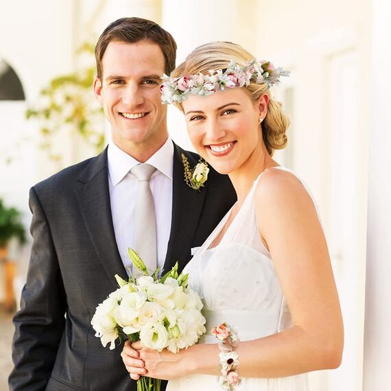 Hochzeitsgirlande, Blumenkranz, für Damen, Haarband, Blumenkranz, GuKKK Rosa und Armband, verstellbares Haarband für Party, Festival, Strand, Arbeit, Hochzeit (Rosa)