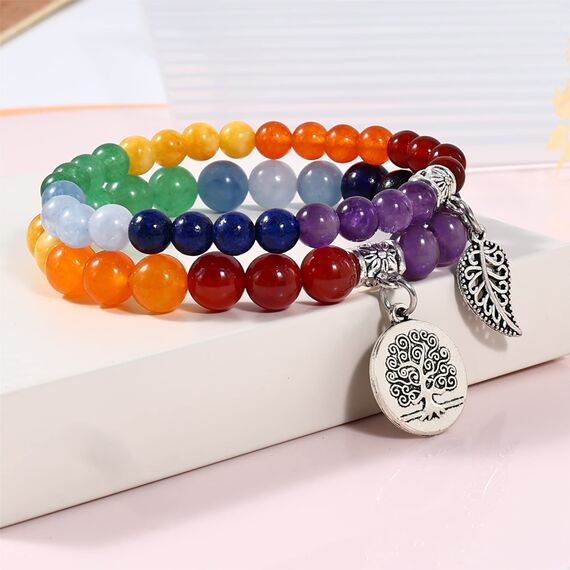 Farfume Chakra Armband Echte Steine, Edelsteine Armbänder fur Damen (N2 Sieben Chakren und Baum des Lebens)