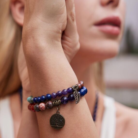 Farfume Chakra Armband Echte Steine, Edelsteine Armbänder fur Damen (Chakren und Baum des Lebens)