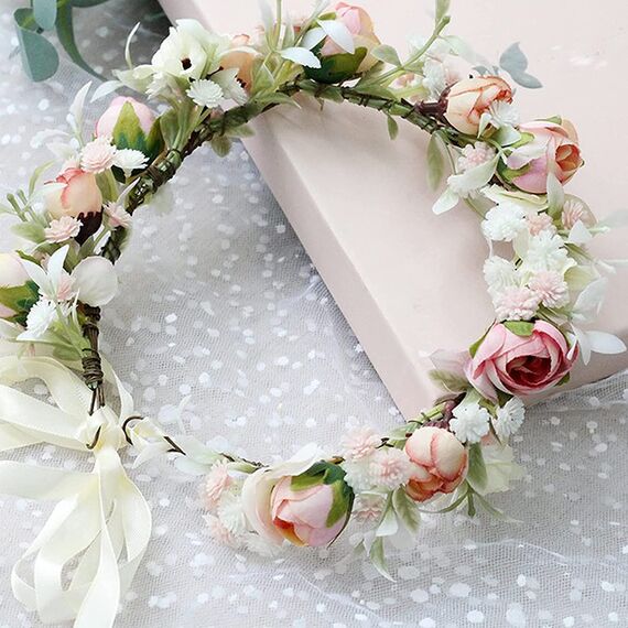 Hochzeitsgirlande, Blumenkranz, für Damen, Haarband, Blumenkranz, GuKKK Rosa und Armband, verstellbares Haarband für Party, Festival, Strand, Arbeit, Hochzeit (Rosa)