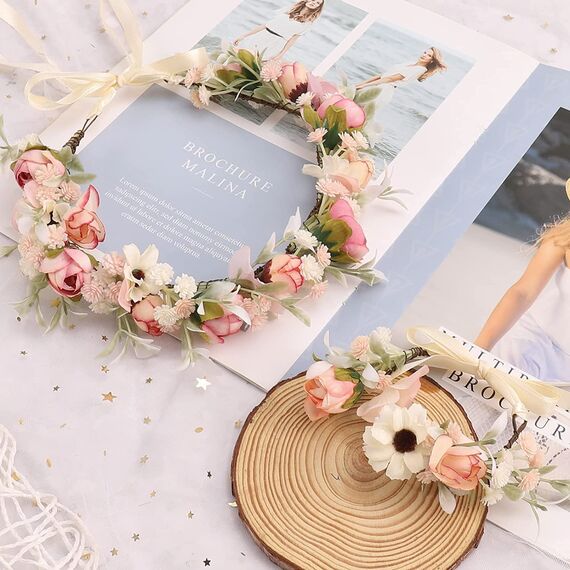 Hochzeitsgirlande, Blumenkranz, für Damen, Haarband, Blumenkranz, GuKKK Rosa und Armband, verstellbares Haarband für Party, Festival, Strand, Arbeit, Hochzeit (Rosa)