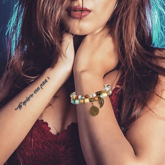 Farfume Chakra Armbänder für Frauen - Kristalle Armband Frauen natürliche Edelsteine Yoga Reiki - ein Satz von Doppel-Armbänder(Amazonitperlen(Mittel)