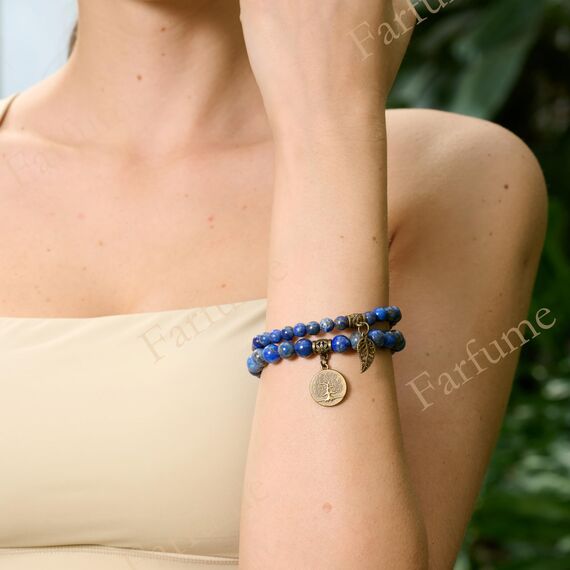 Farfume Chakra Armbänder für Frauen - Kristalle Armband Frauen Natürliche Edelsteine Yoga Reiki - Ein Satz von Doppel-Armbänder（Lapislazuli & Lebensbaum（Mittel）
