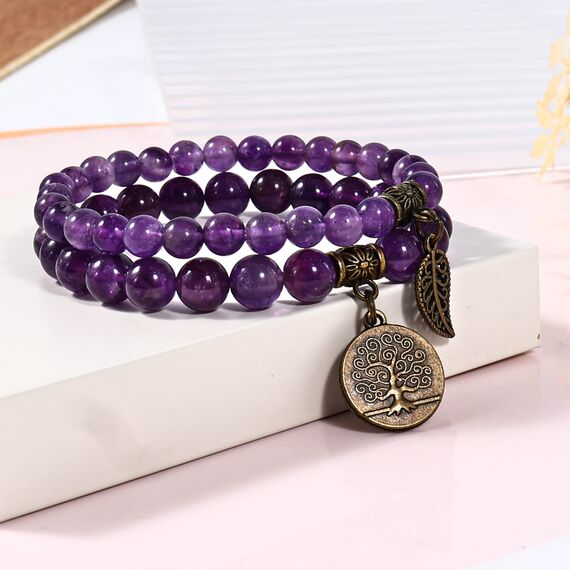 Farfume Chakra Armbänder für Frauen - Kristalle Armband Frauen natürliche Edelsteine Yoga Reiki - ein Satz von Doppel-Armbänder(Amethyst(Mittel)