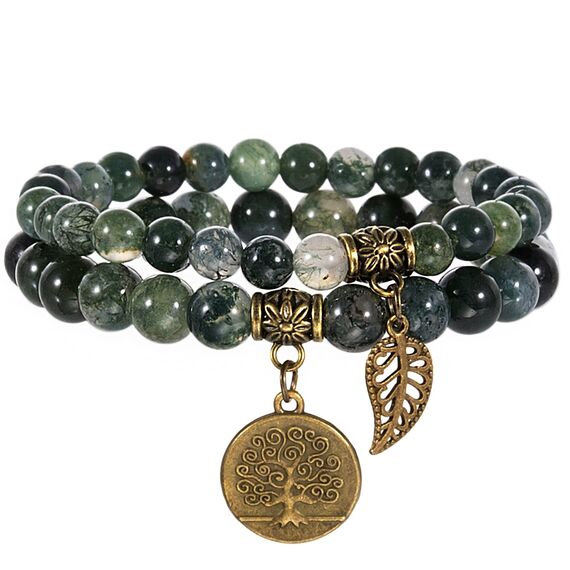 Farfume Chakra Armbänder für Frauen - Kristalle Armband Frauen natürliche Edelsteine Yoga Reiki - ein Satz von Doppel-Armbänder(Moosachat(Mittel)
