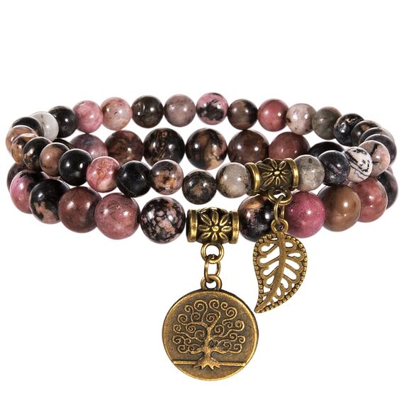 Farfume Chakra Armbänder für Frauen - Kristalle Armband Frauen natürliche Edelsteine Yoga Reiki - ein Satz von Doppel-Armbänder(Rhodonitperlen(Mittel)