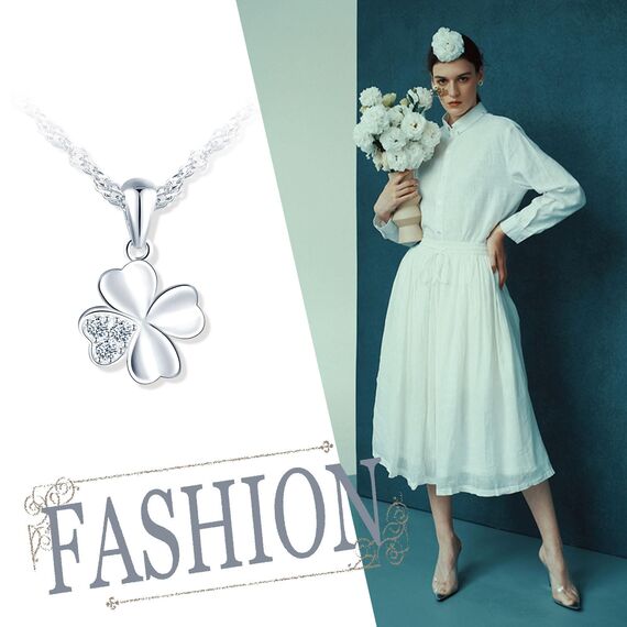 feilok Kette Damen Halskette mit Kleeblatt Zirkonia Vierblättriges Glücksbringer Anhänger aus 925 Sterling silber Halskette für Frauen Mädchen
