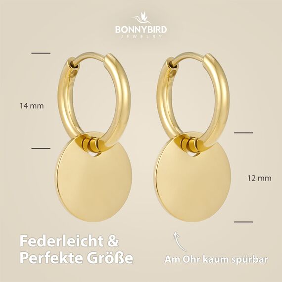 BONNYBIRD® Creolen mit Anhänger Gold Boho Ohrringe Damen Edelstahl Plättchen Kleine Damenohrringe Hängend Frauen Wasserfest Schmuck Vergoldet Goldschmuck Hypoallergen Chirurgenstahl Nickelfrei Sommer