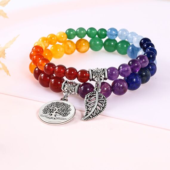 Farfume Chakra Armbänder für Frauen - Kristalle Armband Frauen natürliche Edelsteine Yoga Reiki - ein Satz von Doppel-Armbänder(Neue sieben Chakren(Groß)