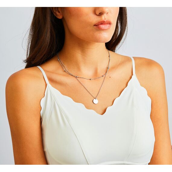 AFSTALR Damen Layered Kette Silber Plättchen Kette Doppel Multilayer Halskette mit Coin Runden Anhänger