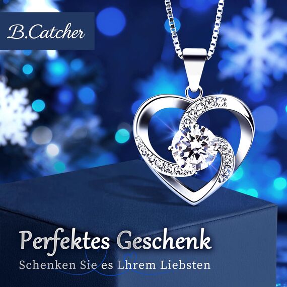 B.Catcher Halskette Damen, Silber 925 Herzkette, Herz änhänger mit 5A Zirkonia, Eleganz ist zeitlos, Nickelfrei für Hypoallergen,Perfekt Geschenk zum Muttertag/Valentinstag/Geburtstag/oder Schulstart