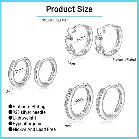 Creolen aus Sterling-Silber 925, klein, 3 Paar, Creolen, hypoallergen, für Frauen, Mädchen, Schmuck, Geschenk, 8 mm/10 mm/12 mm PABBEU, Zirkonia Diamant