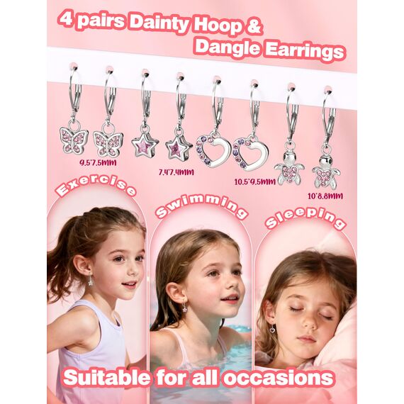 JeweBella 4Paar Ohrringe Hängend Mädchen Kinder Damen mit Zirkonia Ohrhänger Chirurgenstahl Hypoallergene mit Herz Blume Stern Schildkröte Knorpel Tragus Piercing Set Earrings