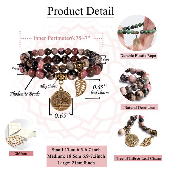 Farfume Chakra Armbänder für Frauen - Kristalle Armband Frauen natürliche Edelsteine Yoga Reiki - ein Satz von Doppel-Armbänder(Rhodonitperlen(Klein)