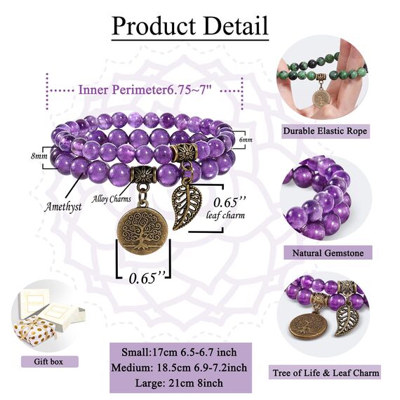 Farfume Chakra Armbänder für Frauen - Kristalle Armband Frauen natürliche Edelsteine Yoga Reiki - ein Satz von Doppel-Armbänder(Amethyst(Mittel)
