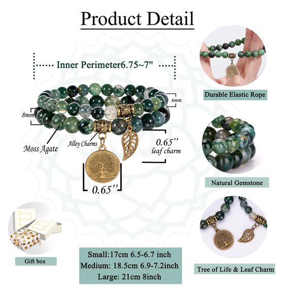 Farfume Chakra Armbänder für Frauen - Kristalle Armband Frauen natürliche Edelsteine Yoga Reiki - ein Satz von Doppel-Armbänder(Moosachat(Mittel)