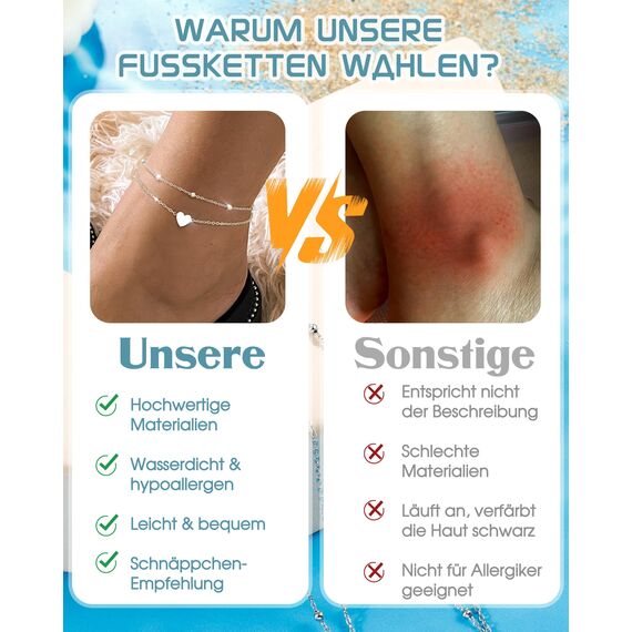 YADOCA Silber Fußkettchen für Damen Verstellbare Herz Doppelte Fussketten Strand Fußschmuck Geschenke für Frauen Teenager Mädchen (Inklusive Geschenkbox)