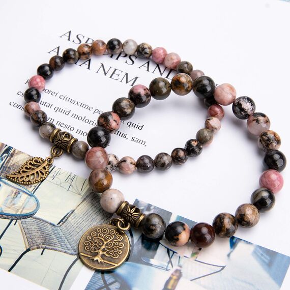 Farfume Chakra Armbänder für Frauen - Kristalle Armband Frauen natürliche Edelsteine Yoga Reiki - ein Satz von Doppel-Armbänder(Rhodonitperlen(Groß)