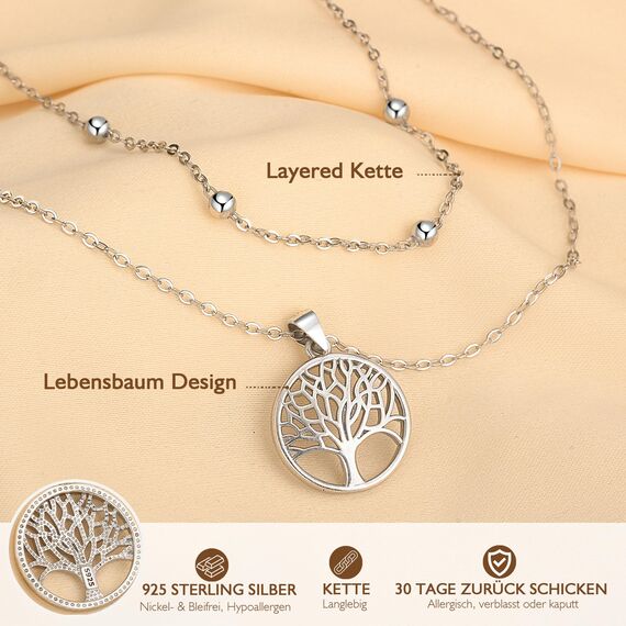 Lydreewam Lebensbaum Kette für Damen 925 Sterling Silber Baum des Lebens Doppel Layered Halskette mit Geschenkbox für Geburtstag Muttertag Weihnachten, verstellbar 40+5cm