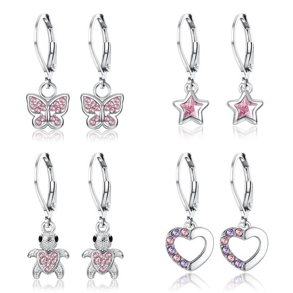 JeweBella 4Paar Ohrringe Hängend Mädchen Kinder Damen mit Zirkonia Ohrhänger Chirurgenstahl Hypoallergene mit Herz Blume Stern Schildkröte Knorpel Tragus Piercing Set Earrings