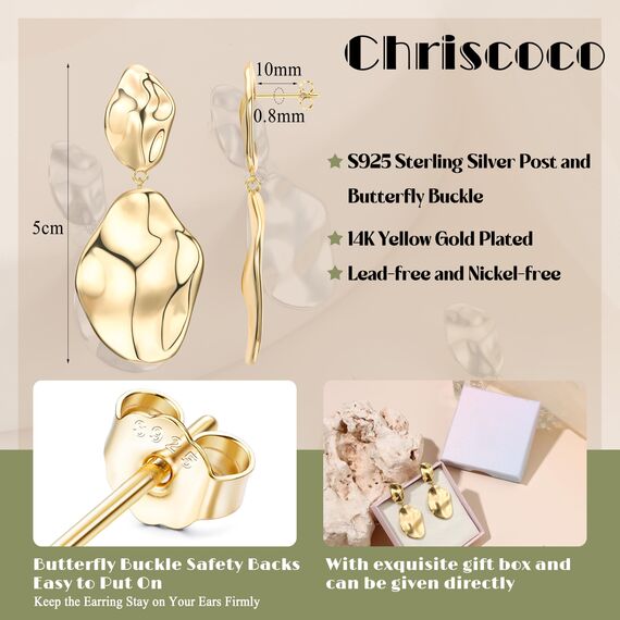 Chriscoco Ohrringe Silber 925 Hängend Ohrringe Gold Damen 925 Hypoallergene 14K Vergoldete Tropfen Ohrring Lange Statement Ohrring