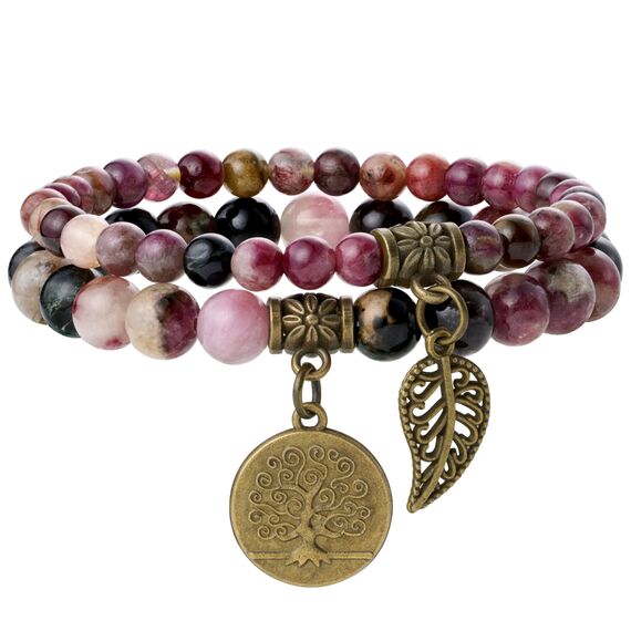 Farfume Chakra Armbänder für Frauen - Kristalle Armband Frauen natürliche Edelsteine Yoga Reiki - Ein Set von Doppel-Armbänder（Regenbogen-Turmalin & Lebensbaum（Mittel）