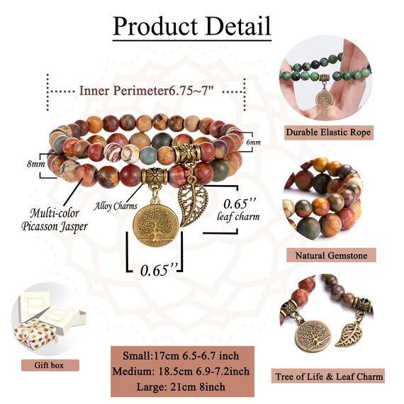 Farfume Chakra Armbänder für Frauen - Kristalle Armband Frauen natürliche Edelsteine Yoga Reiki - ein Satz von Doppel-Armbänder(Mehrfarbiger Picasso-Jaspis(Mittel)
