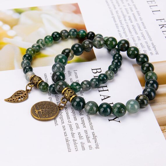 Farfume Chakra Armbänder für Frauen - Kristalle Armband Frauen natürliche Edelsteine Yoga Reiki - ein Satz von Doppel-Armbänder(Moosachat(Klein)