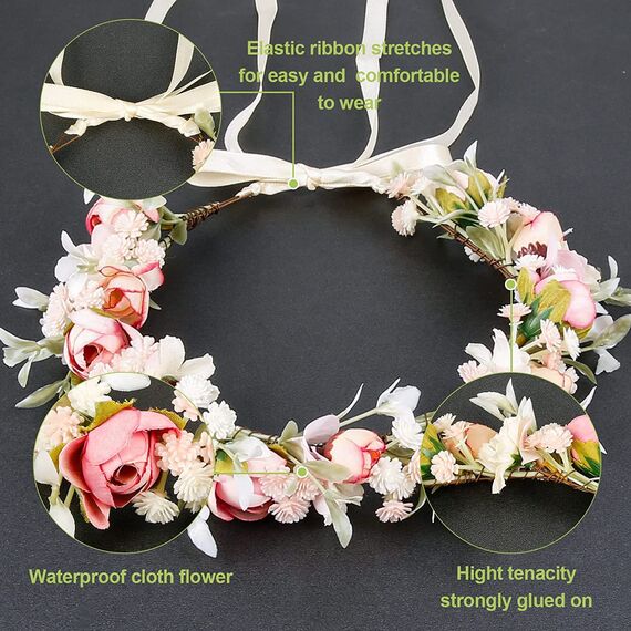 Hochzeitsgirlande, Blumenkranz, für Damen, Haarband, Blumenkranz, GuKKK Rosa und Armband, verstellbares Haarband für Party, Festival, Strand, Arbeit, Hochzeit (Rosa)