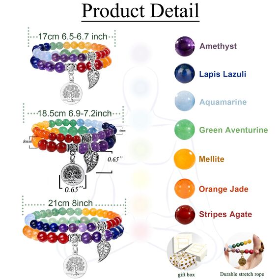 Farfume Chakra Armband Echte Steine, Edelsteine Armbänder fur Damen (N2 Sieben Chakren und Baum des Lebens)