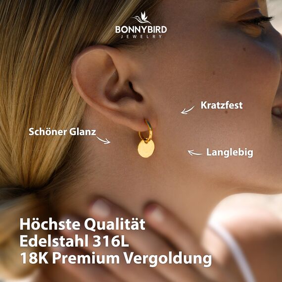 BONNYBIRD® Creolen mit Anhänger Gold Boho Ohrringe Damen Edelstahl Plättchen Kleine Damenohrringe Hängend Frauen Wasserfest Schmuck Vergoldet Goldschmuck Hypoallergen Chirurgenstahl Nickelfrei Sommer